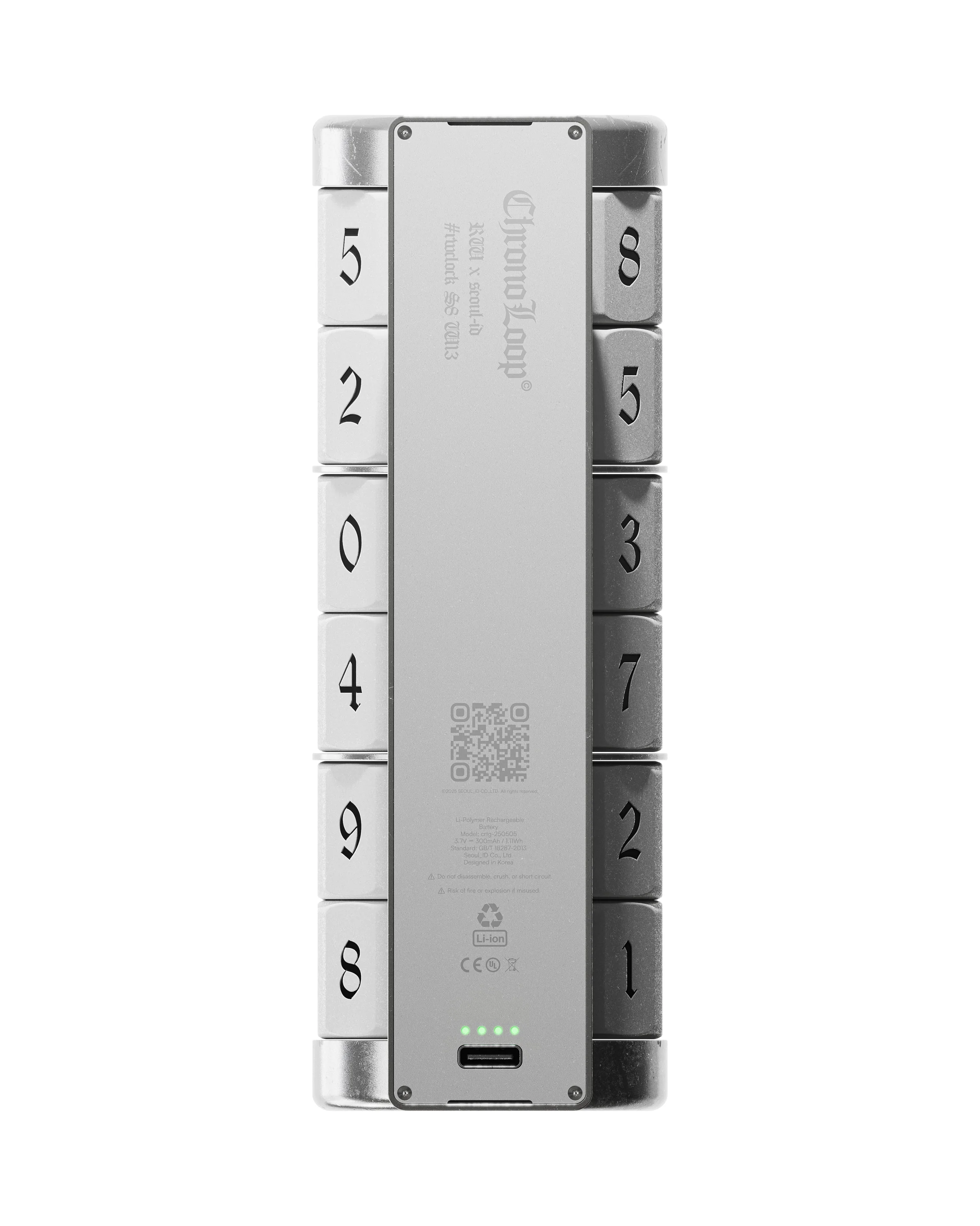 Rear view of the vertical Chronoloop clock concept with stacked numeral bands and central metal spine