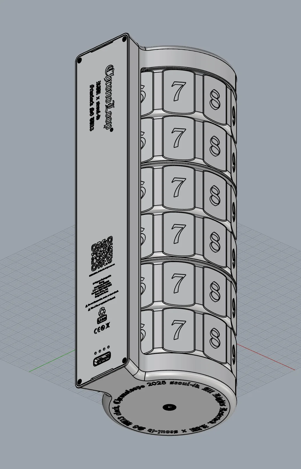 Chronoloop 3D modeling viewport showing the stacked number rings and central spine