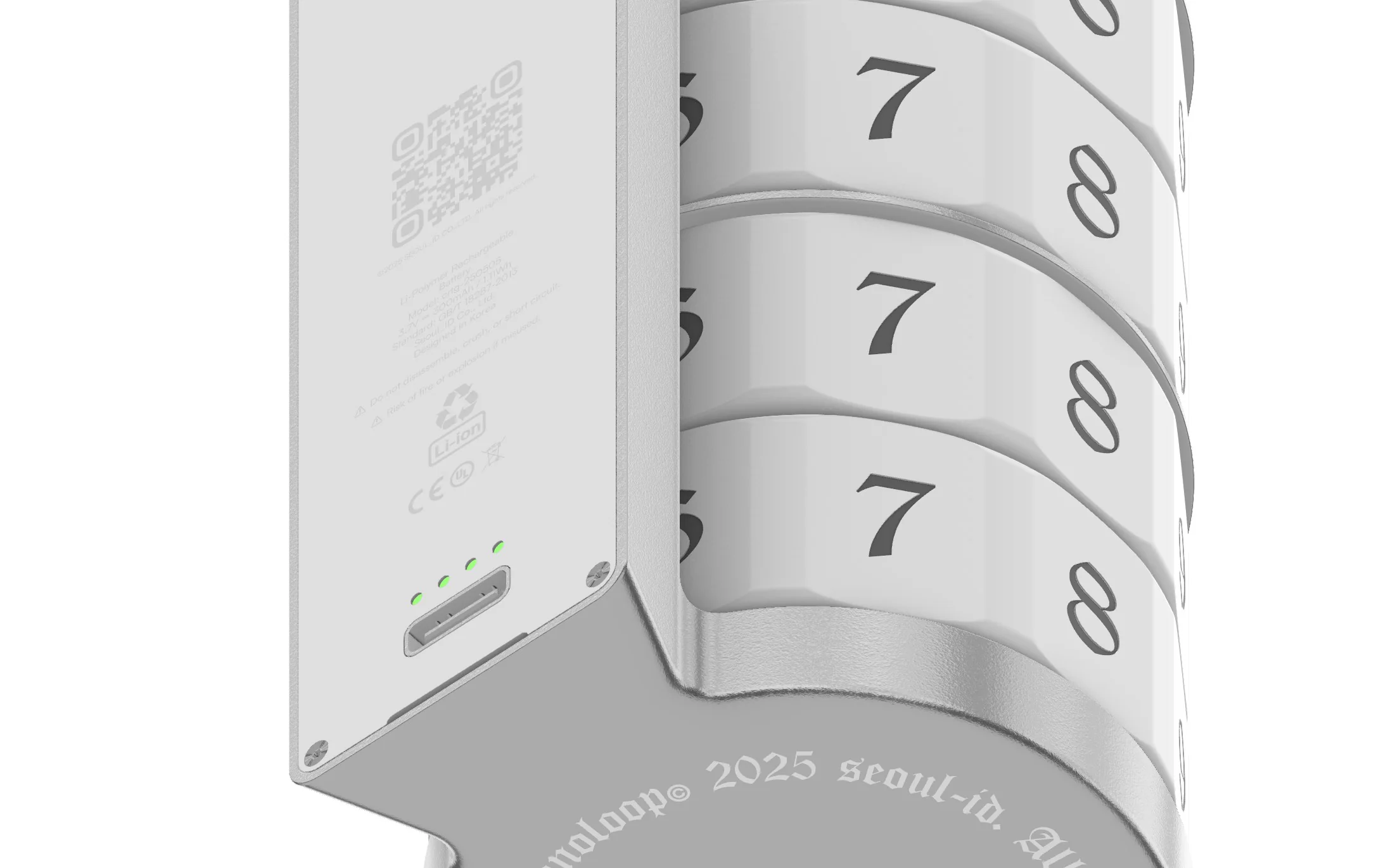 Chronoloop pre-render close-up of the numeral bands, USB-C port and indicator lights