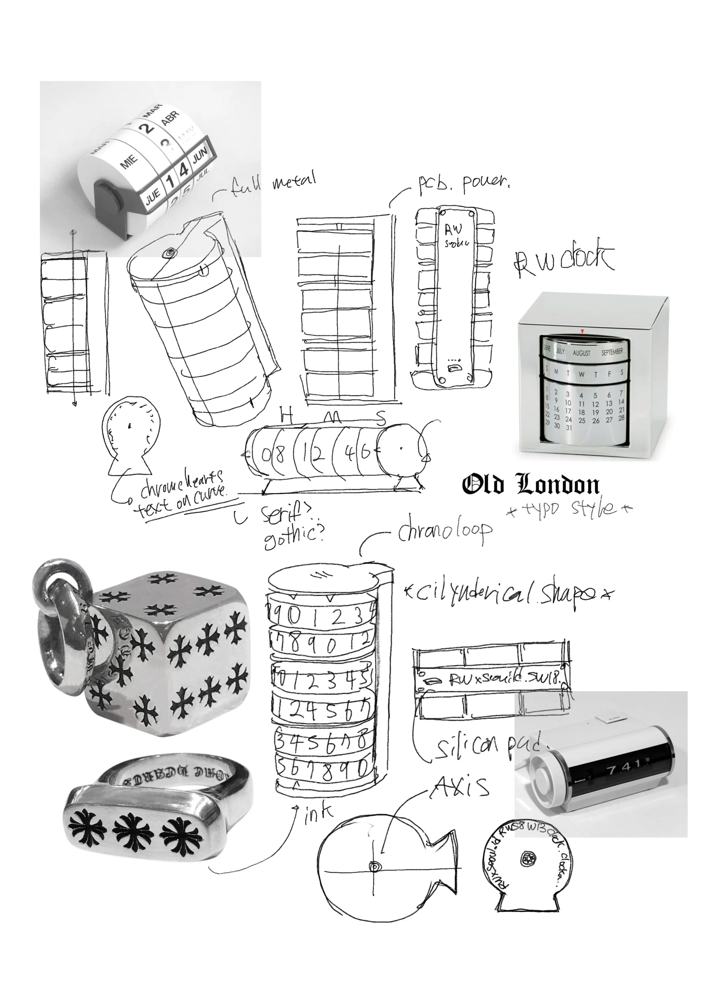 Chronoloop sketch board combining perpetual calendar references, jewelry details and cylindrical form studies