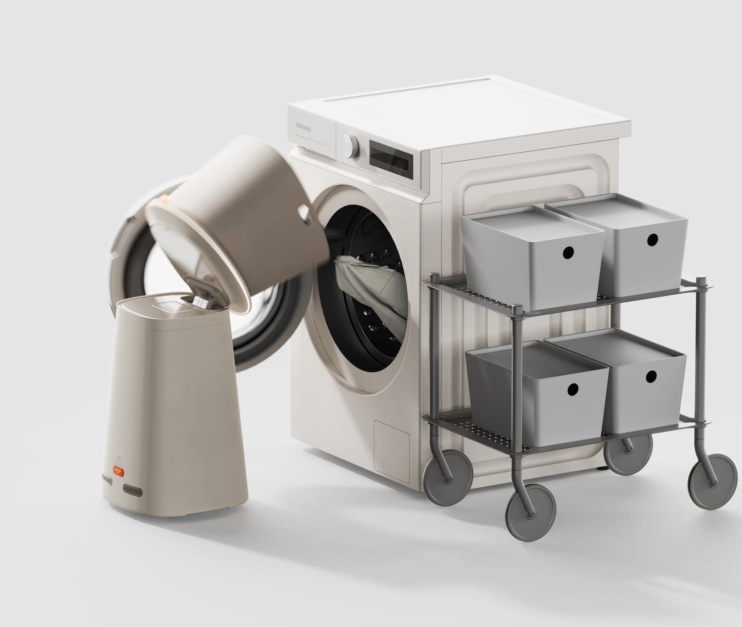 Cor! carrying a laundry basket module to a washing machine