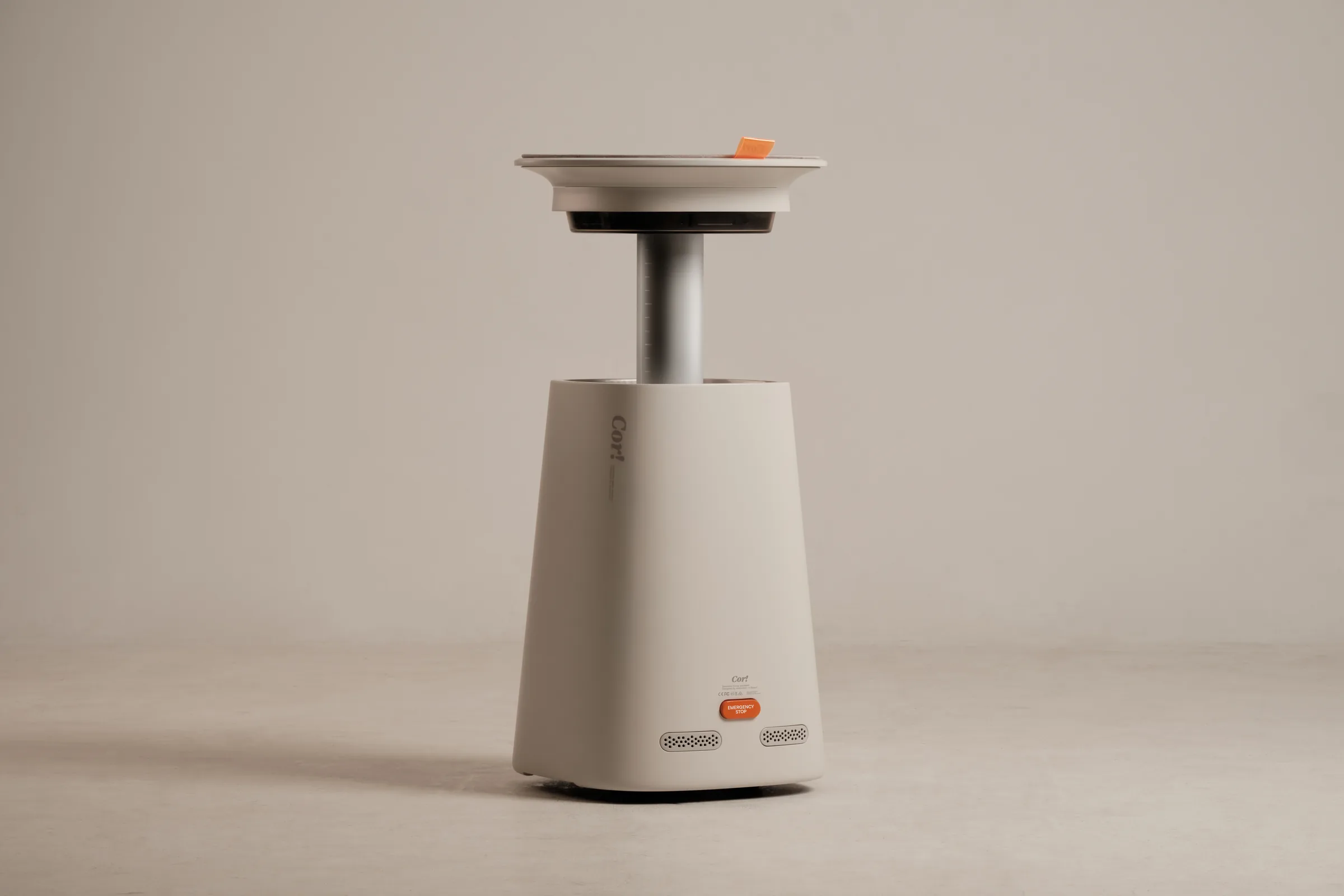 Front view of the extended Cor! home assistant robot