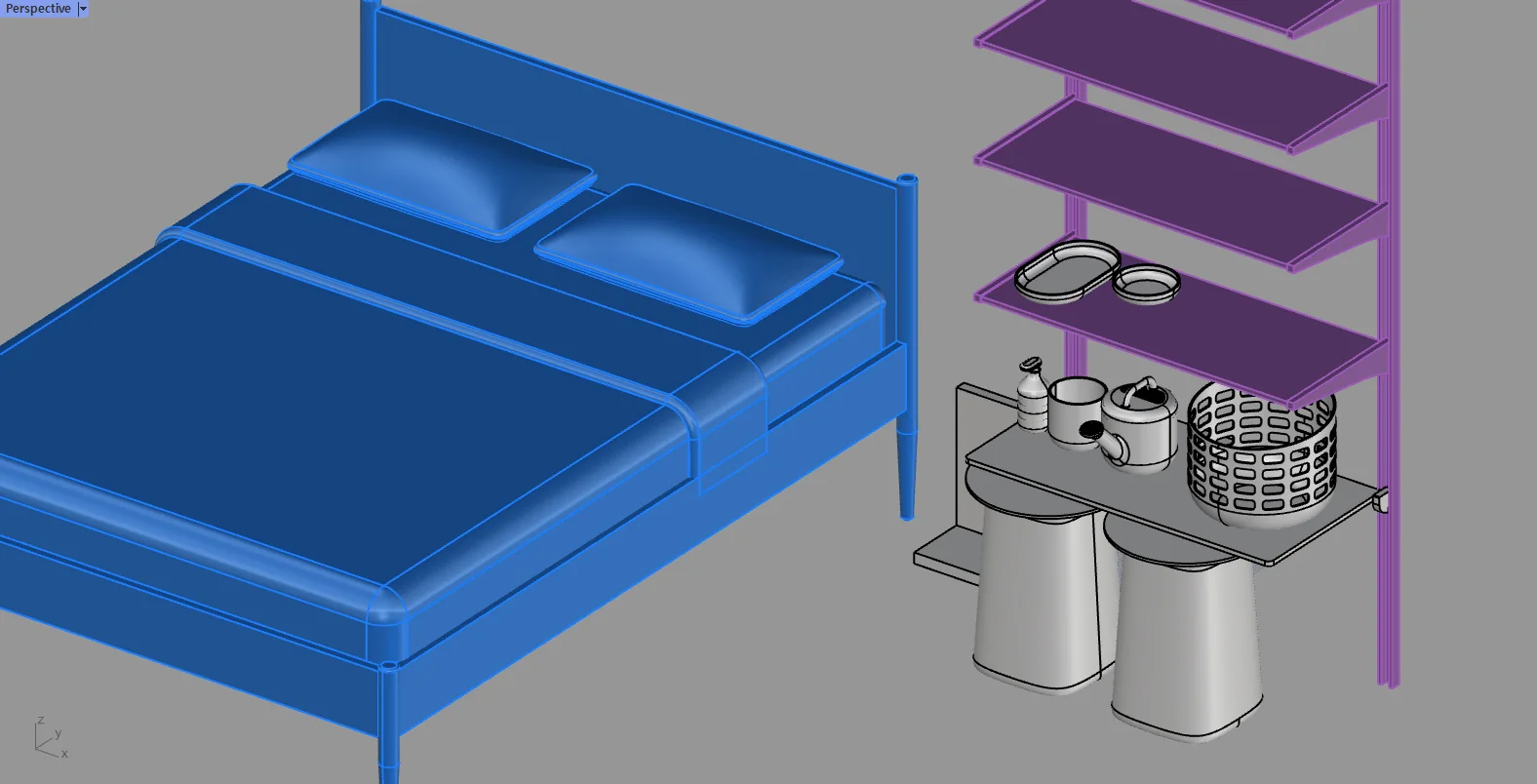 CAD placement study of Cor! beside a bed and system shelf