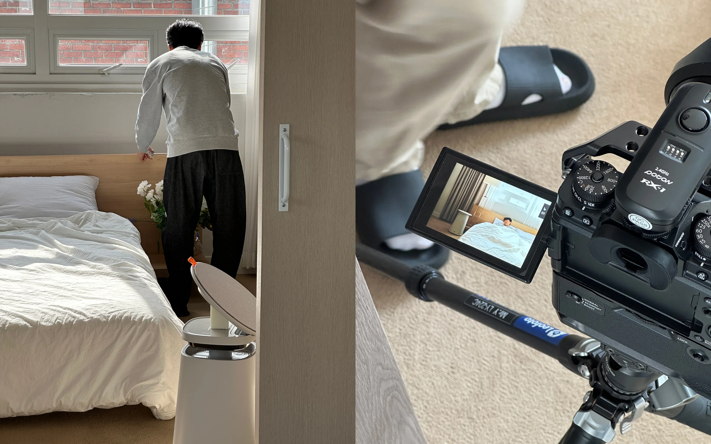 Behind-the-scenes lifestyle shoot with the Cor! prototype in a bedroom setting