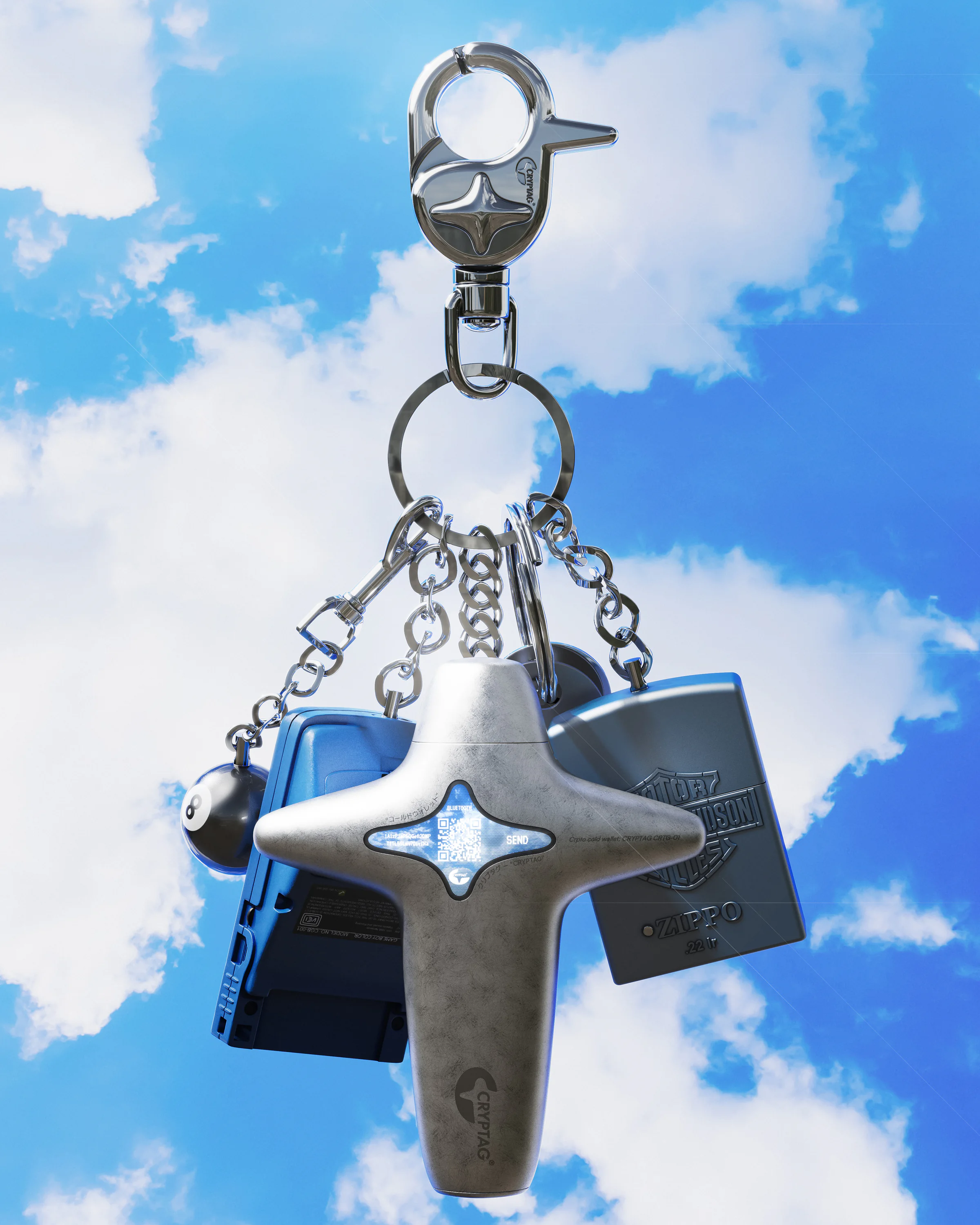 Cryptag carried on a keychain with everyday personal objects against a blue sky