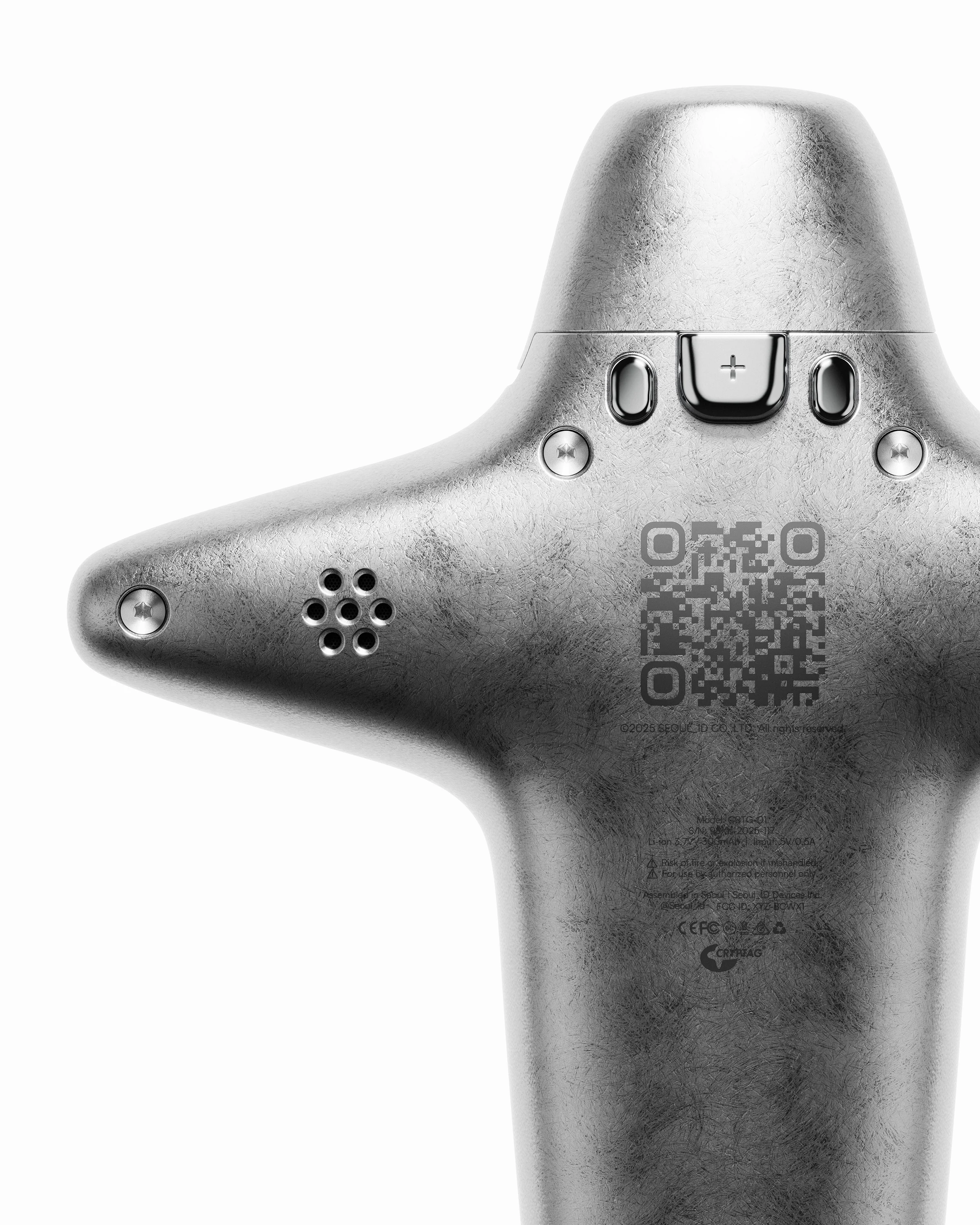 Rear detail of the Cryptag metal enclosure showing controls, vents, QR code and regulatory markings