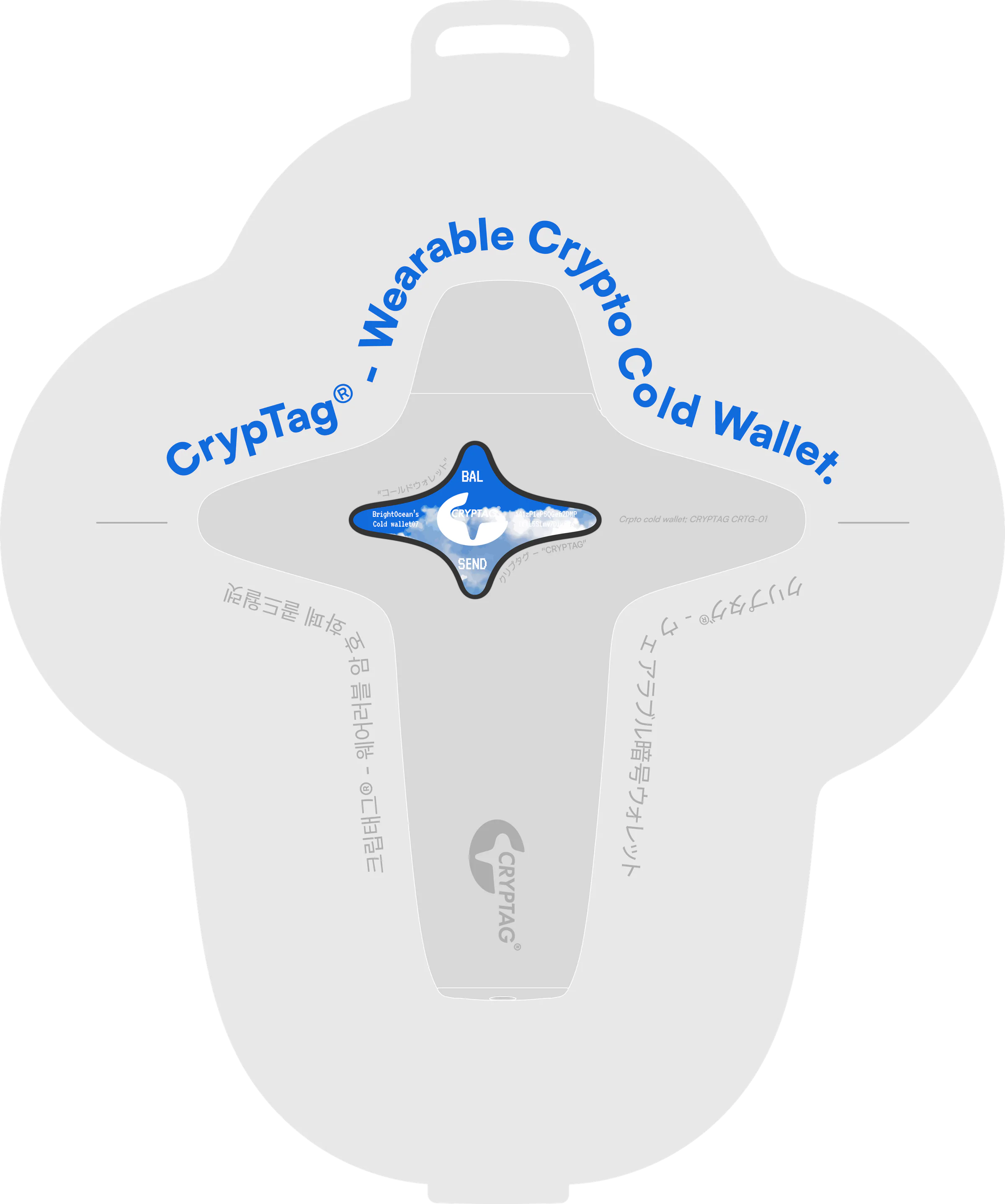 Cryptag package graphic layout built around the four-point product silhouette