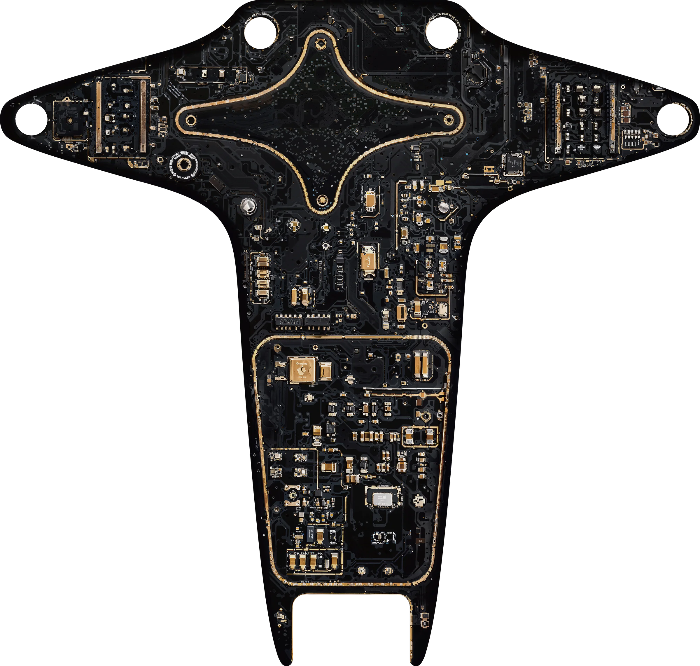 Conceptual Cryptag circuit-board texture arranged within the product silhouette