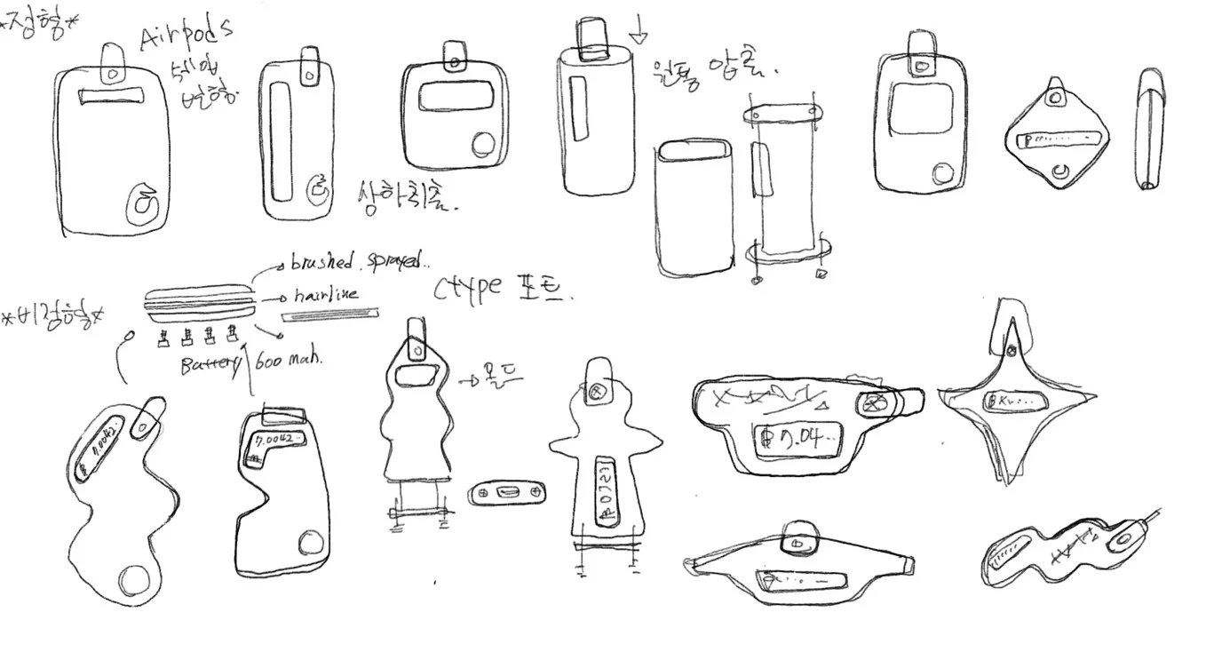 Hand sketches exploring early Cryptag proportions, screens, ports and attachment loops