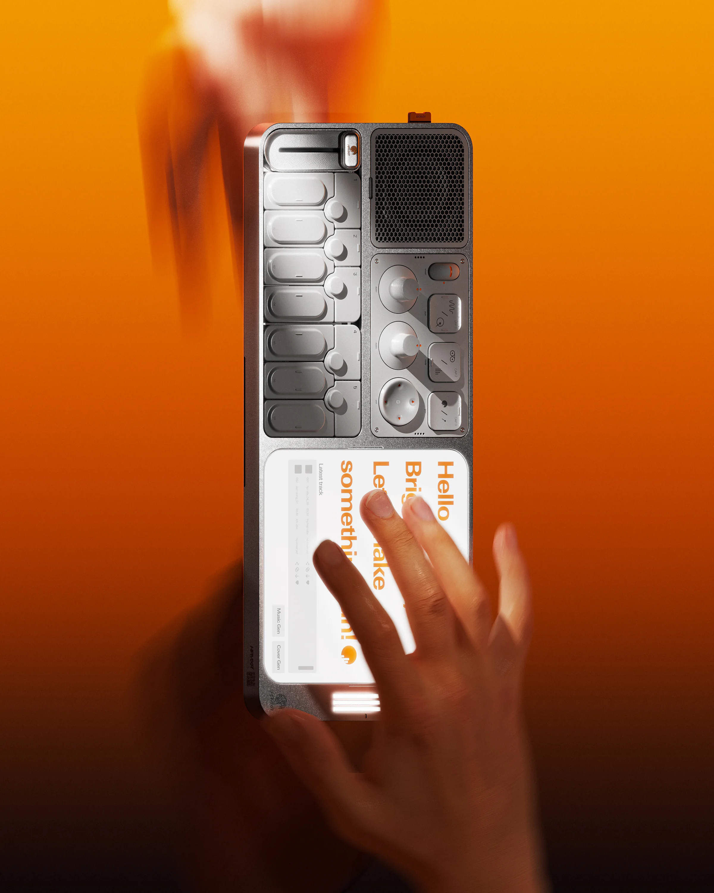 HPMXR07 generative music mixer held and operated in an orange-lit scene