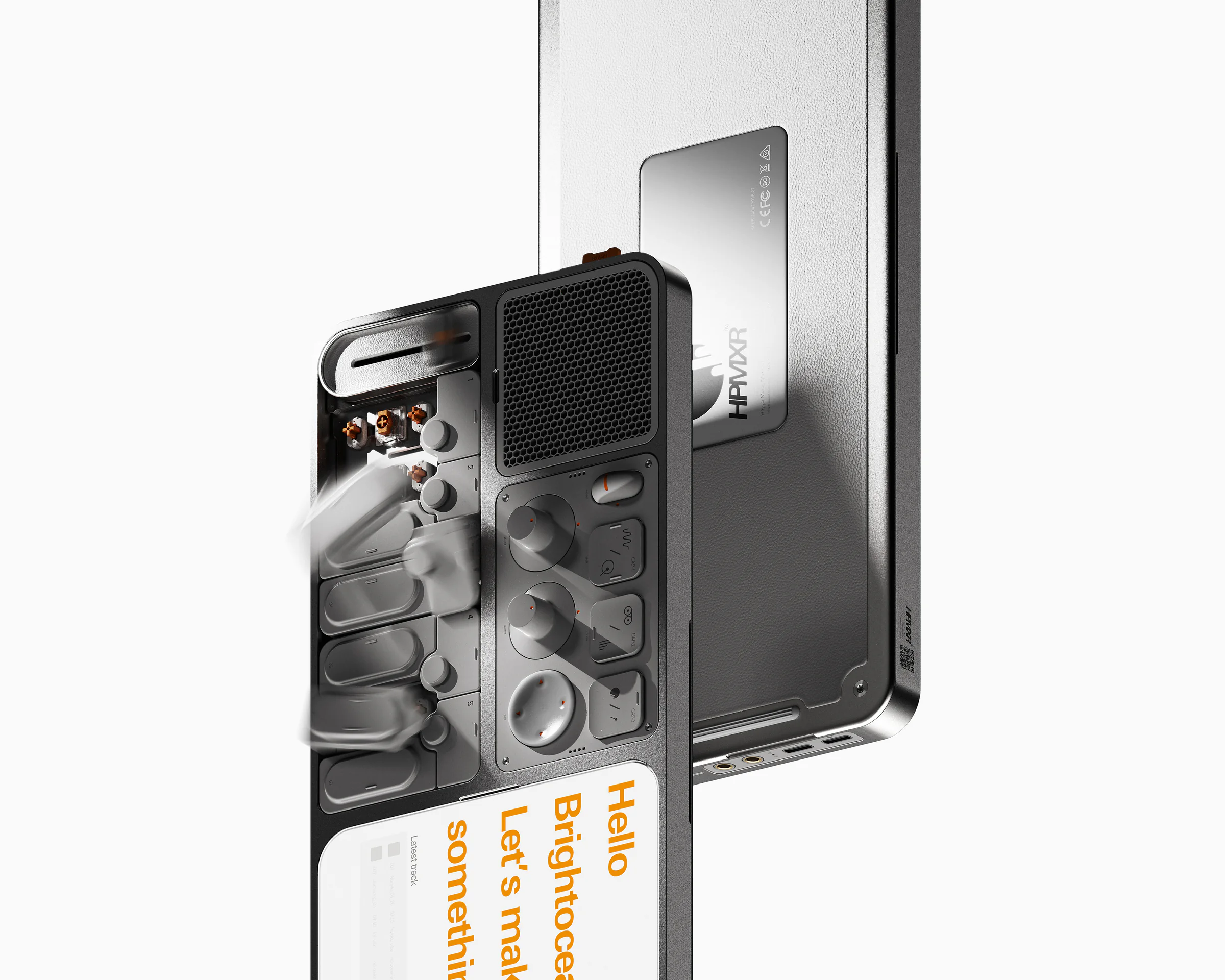 Front and rear views showing the HPMXR07 controls, display and connection ports