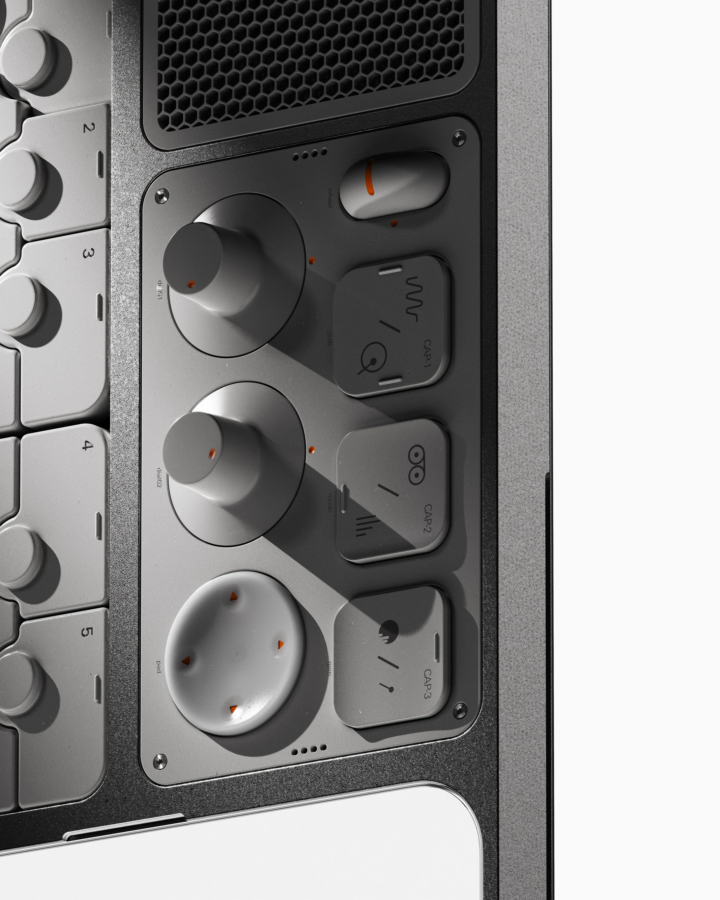 Close-up of the HPMXR07 dials, mode controls, pads, keyboard and speaker grille