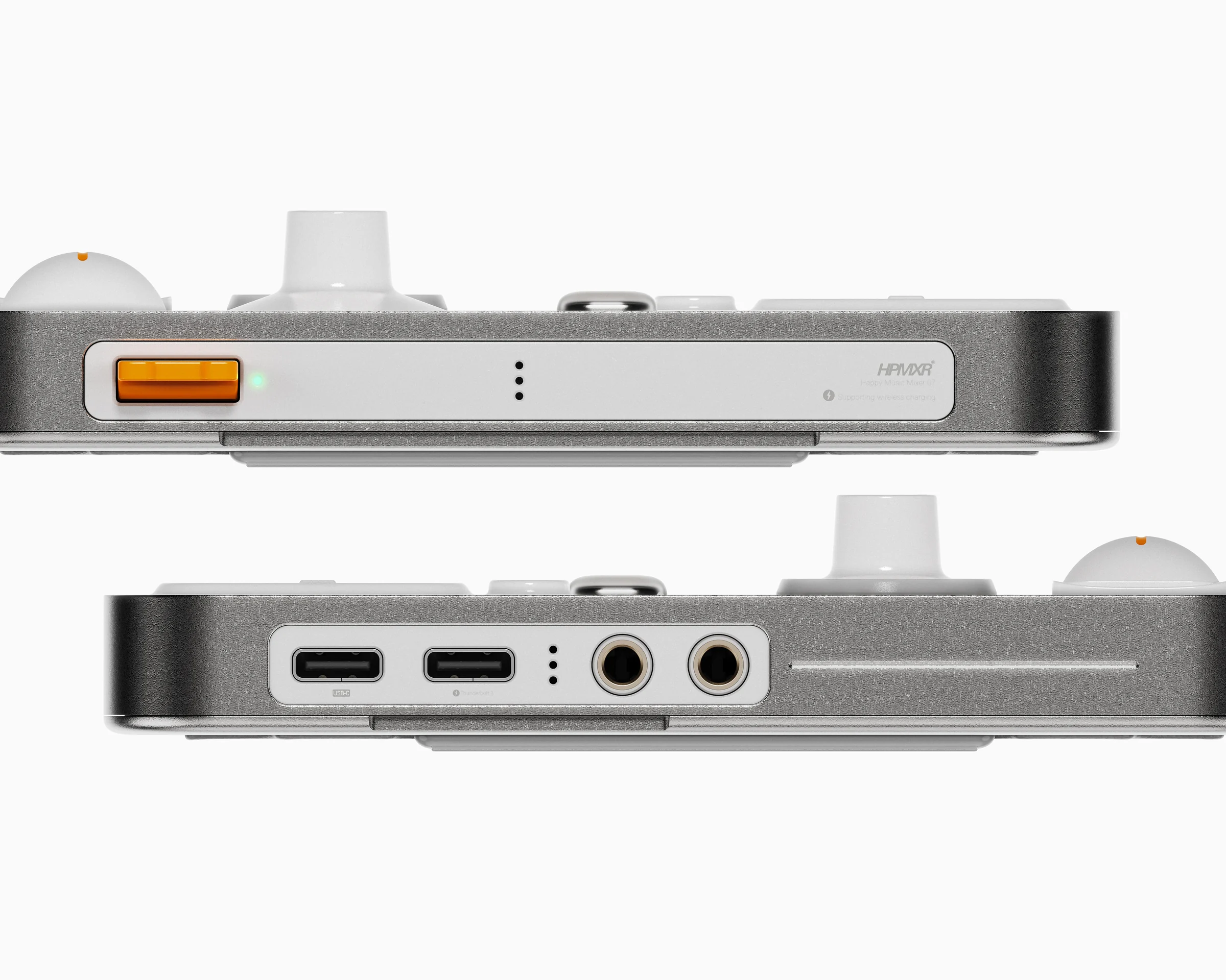 Front and rear edge details of HPMXR07 showing its charging switch, status lights and connection ports