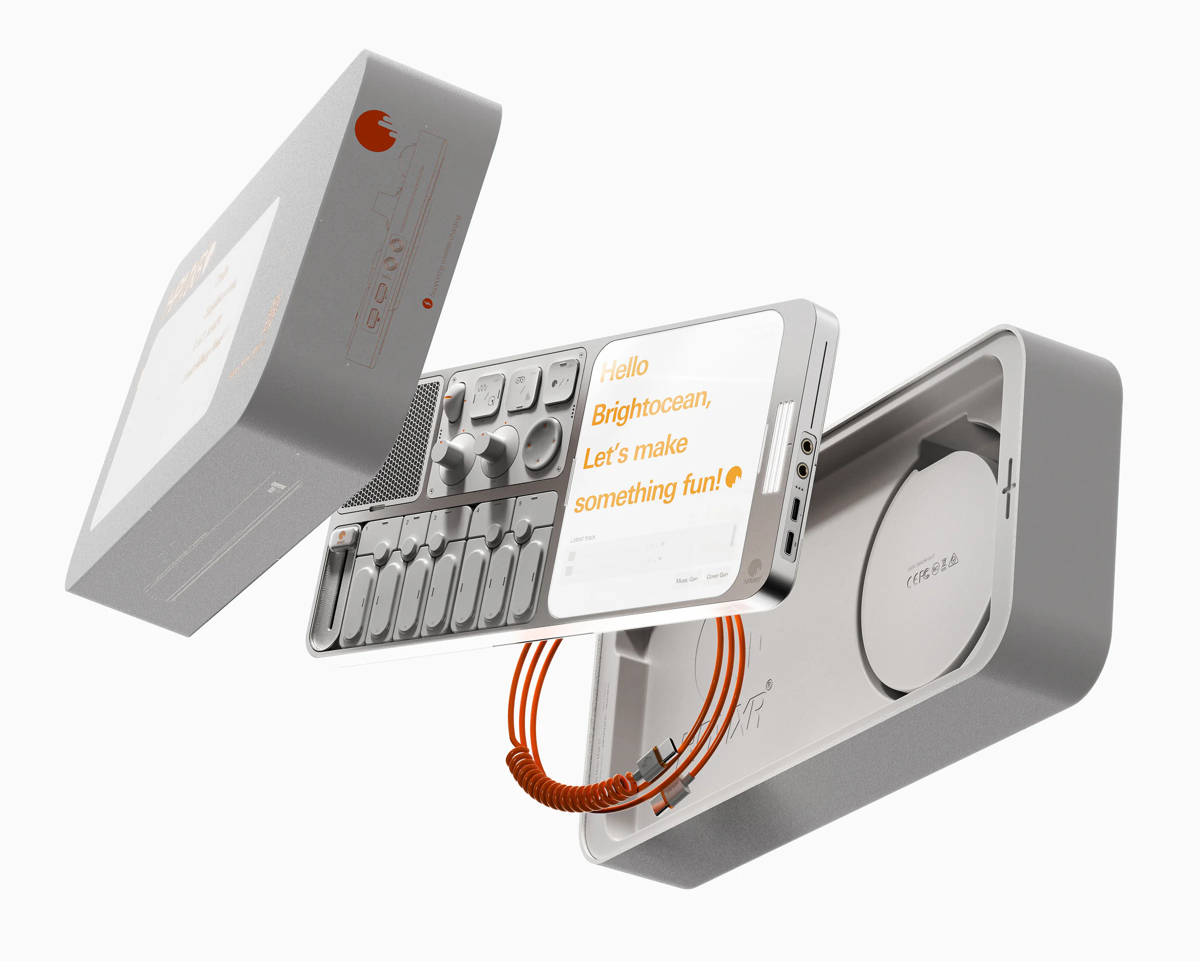 Exploded presentation of the HPMXR07 device, package, tray and charging cable
