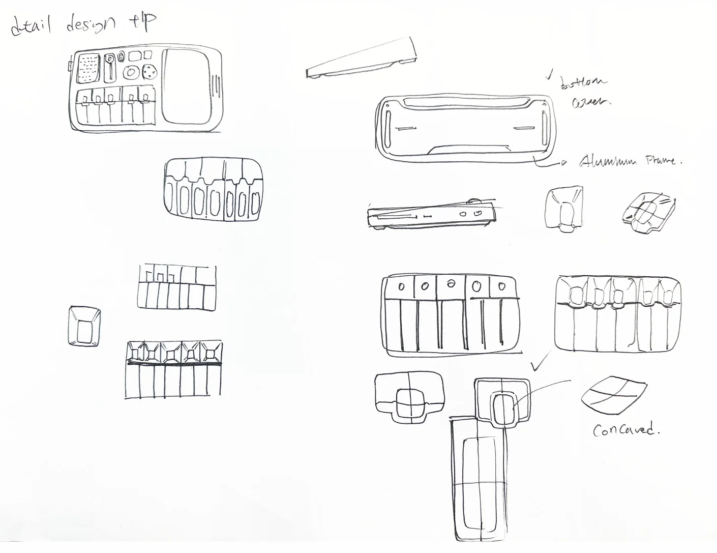 Hand sketches exploring HPMXR controls, keyboard details and housing construction