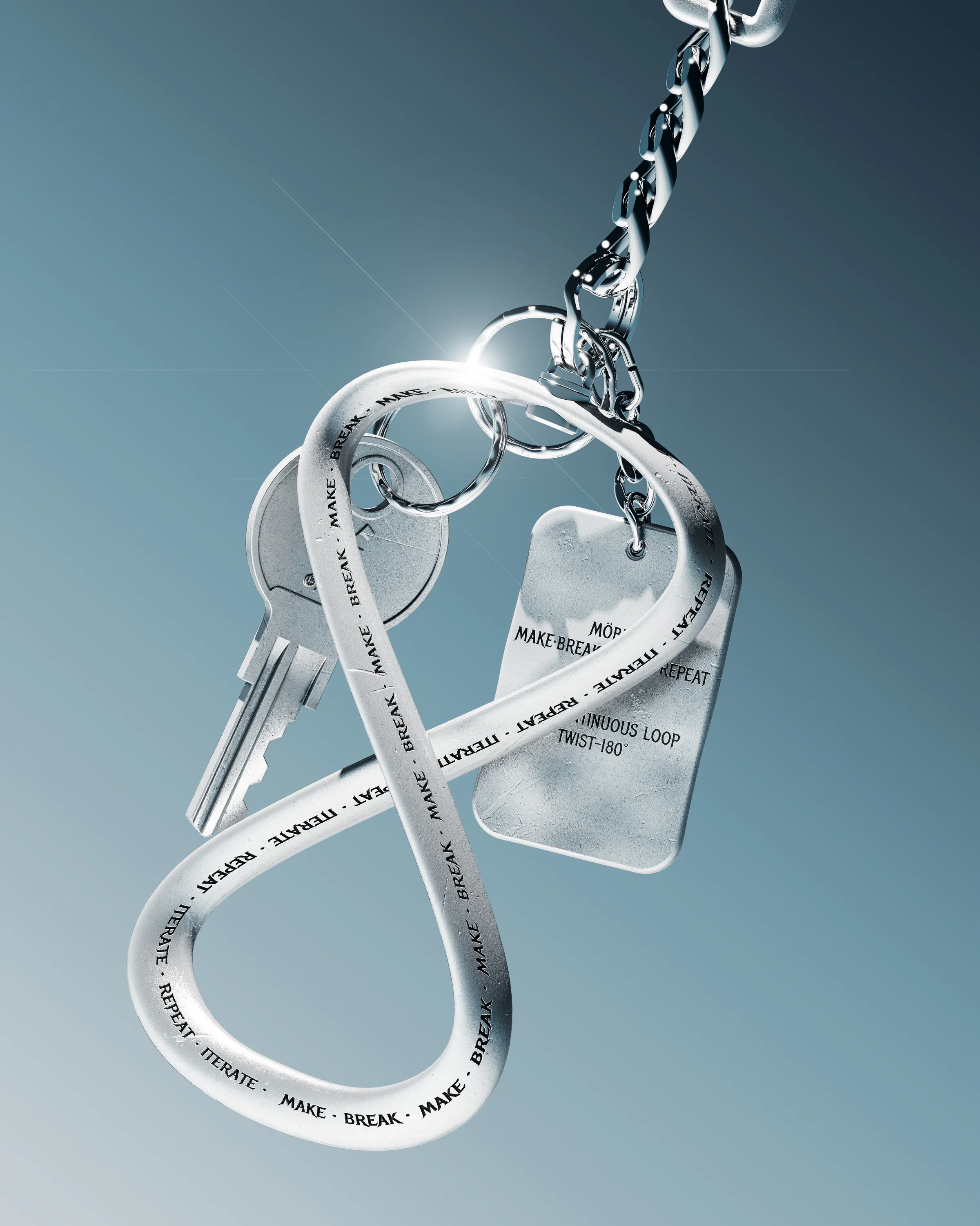 Möbius loop keychain with silver keys, chain and engraved metal tag