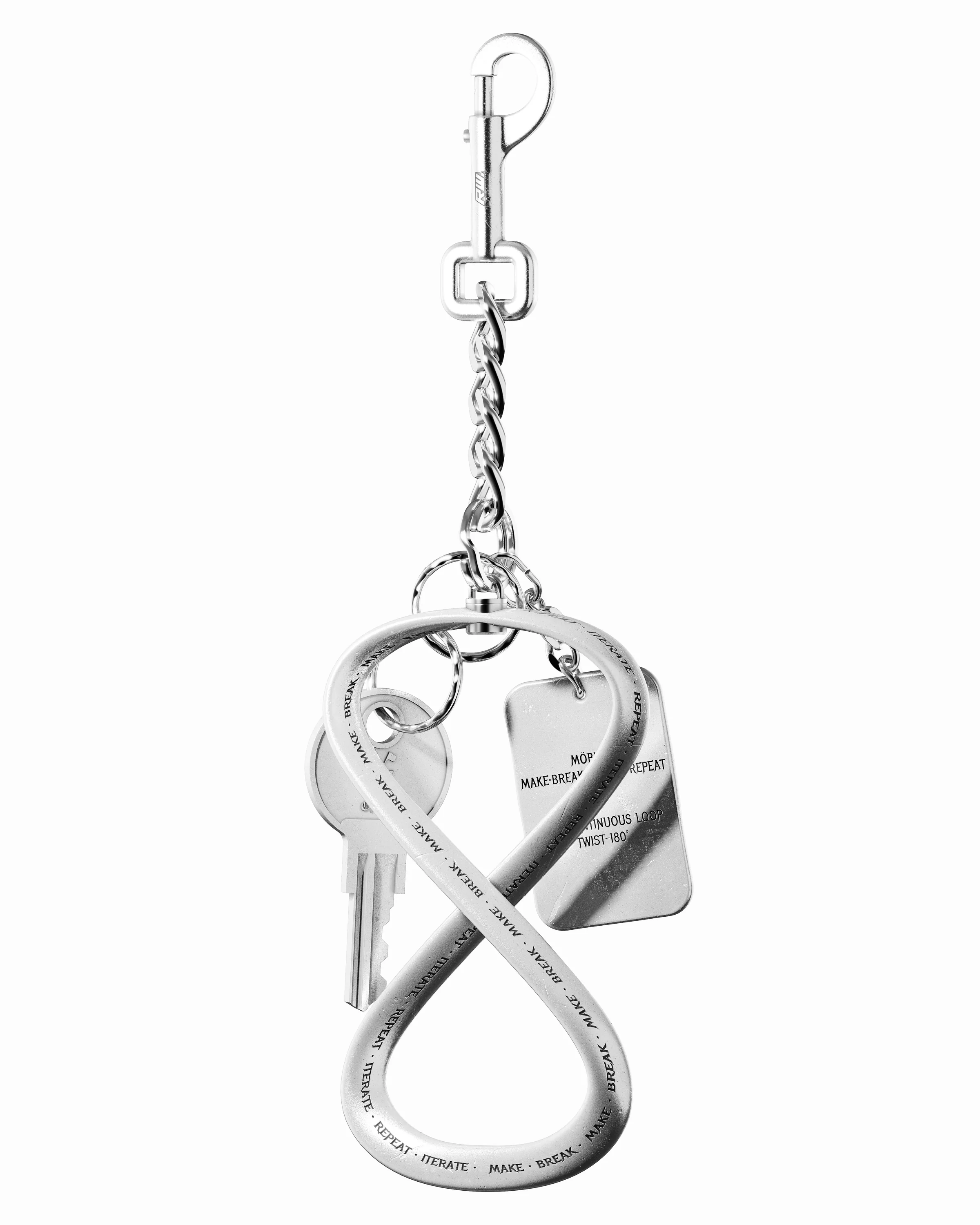 Full Möbius keychain assembly with clasp, chain, keys and metal tag