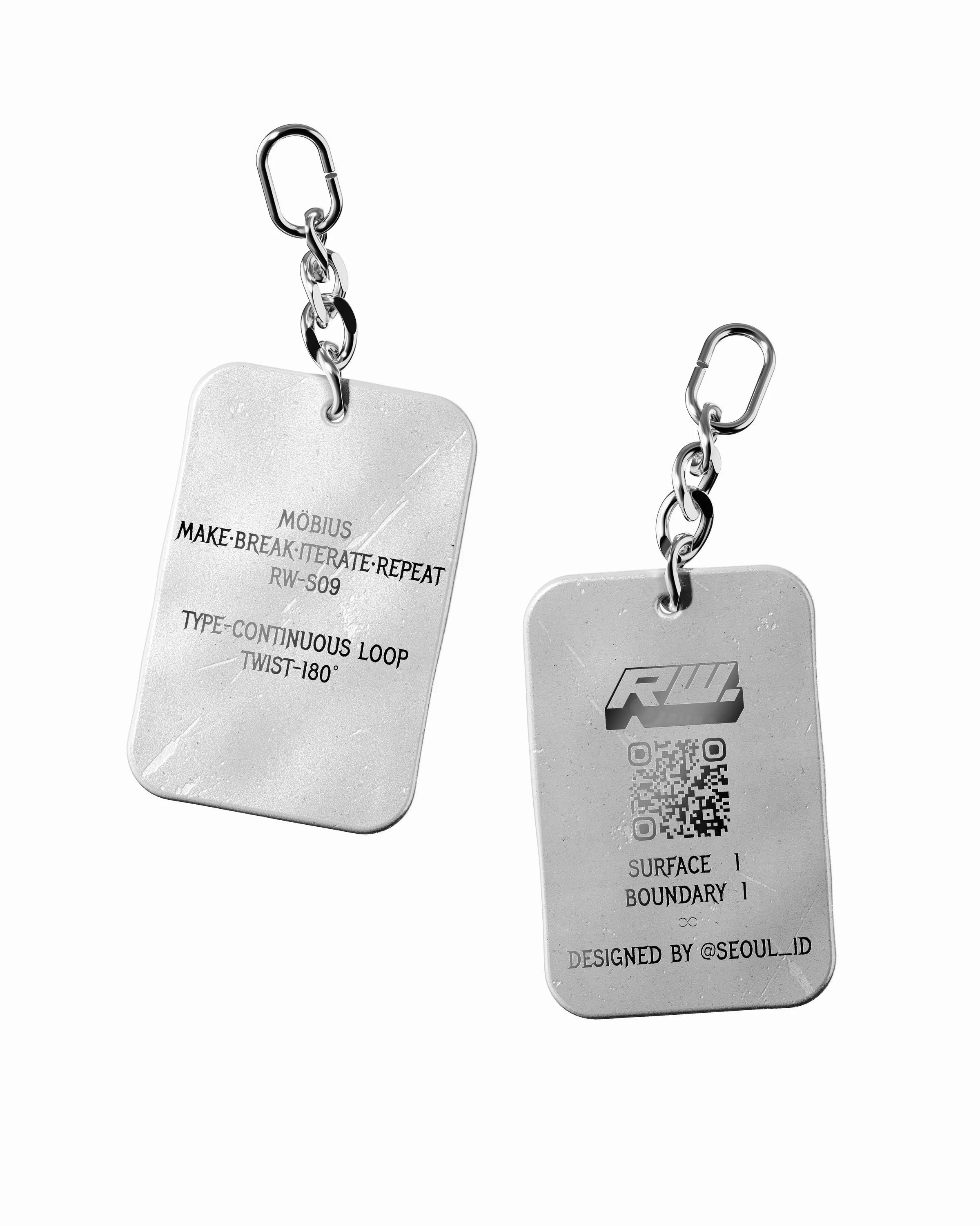 Front and rear Möbius project tags showing the AGAIN identity, continuous loop specification and QR graphic