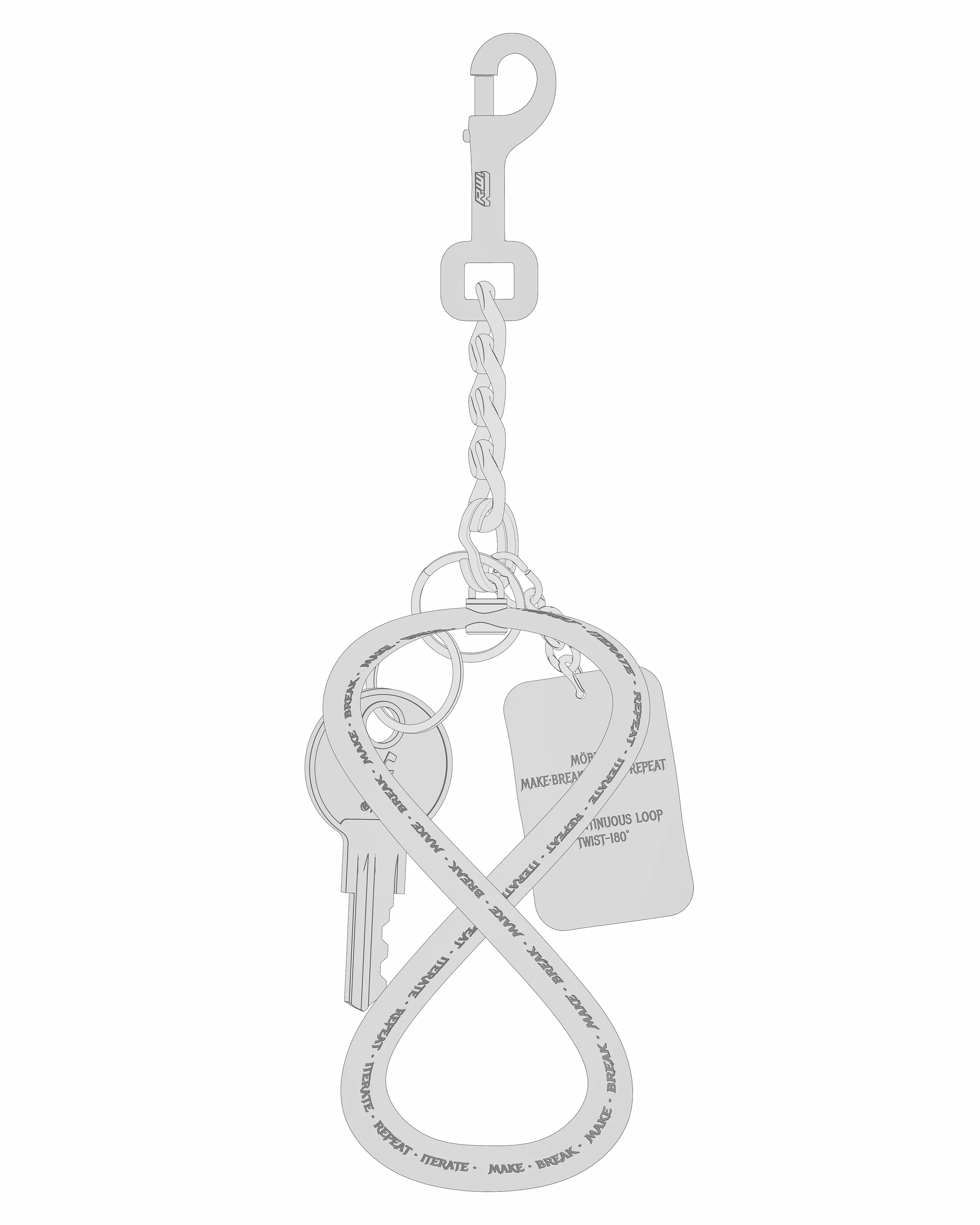 Outline view of the complete Möbius keychain assembly and continuous loop geometry