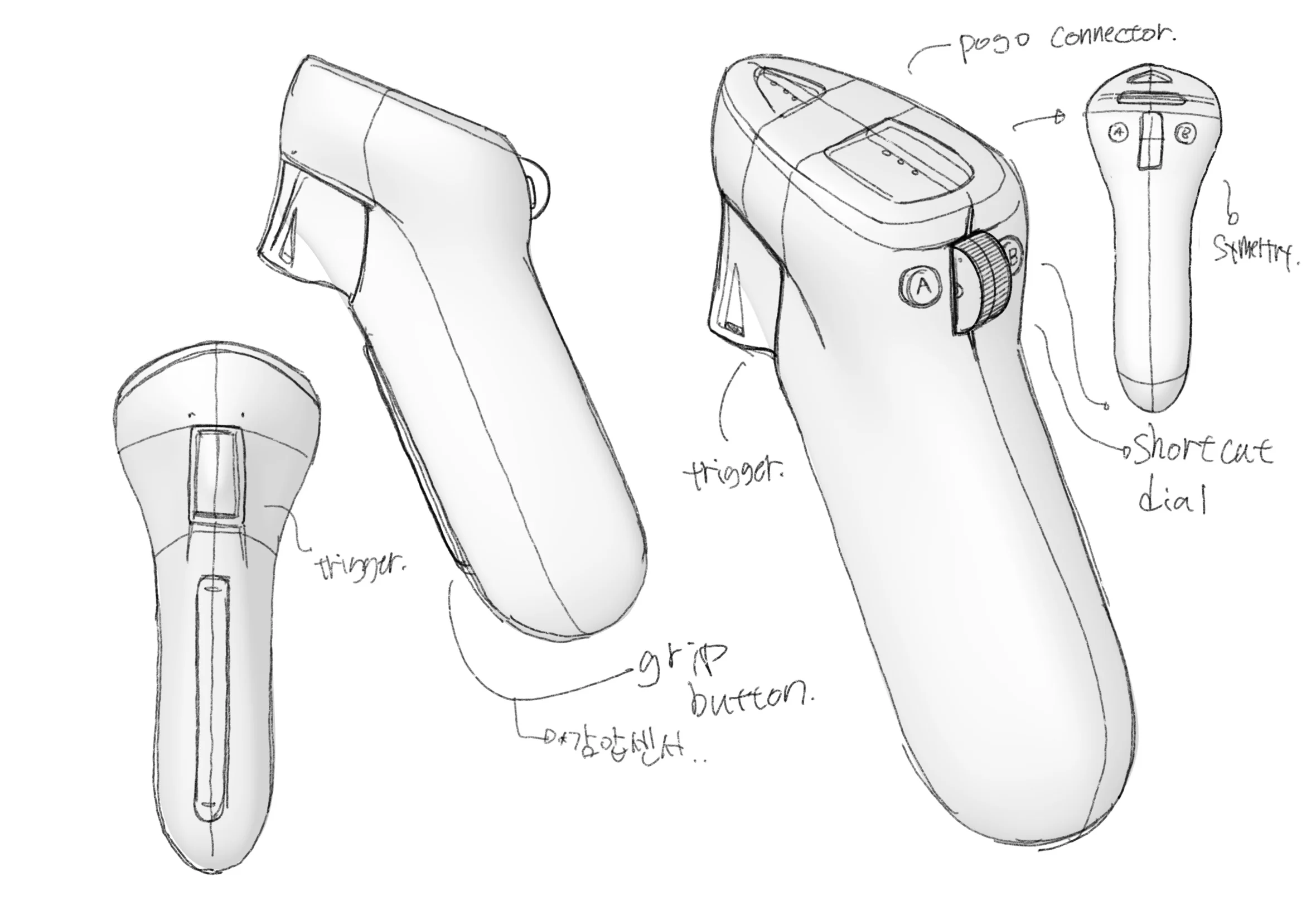 NXC controller detail sketch with grip and input annotations