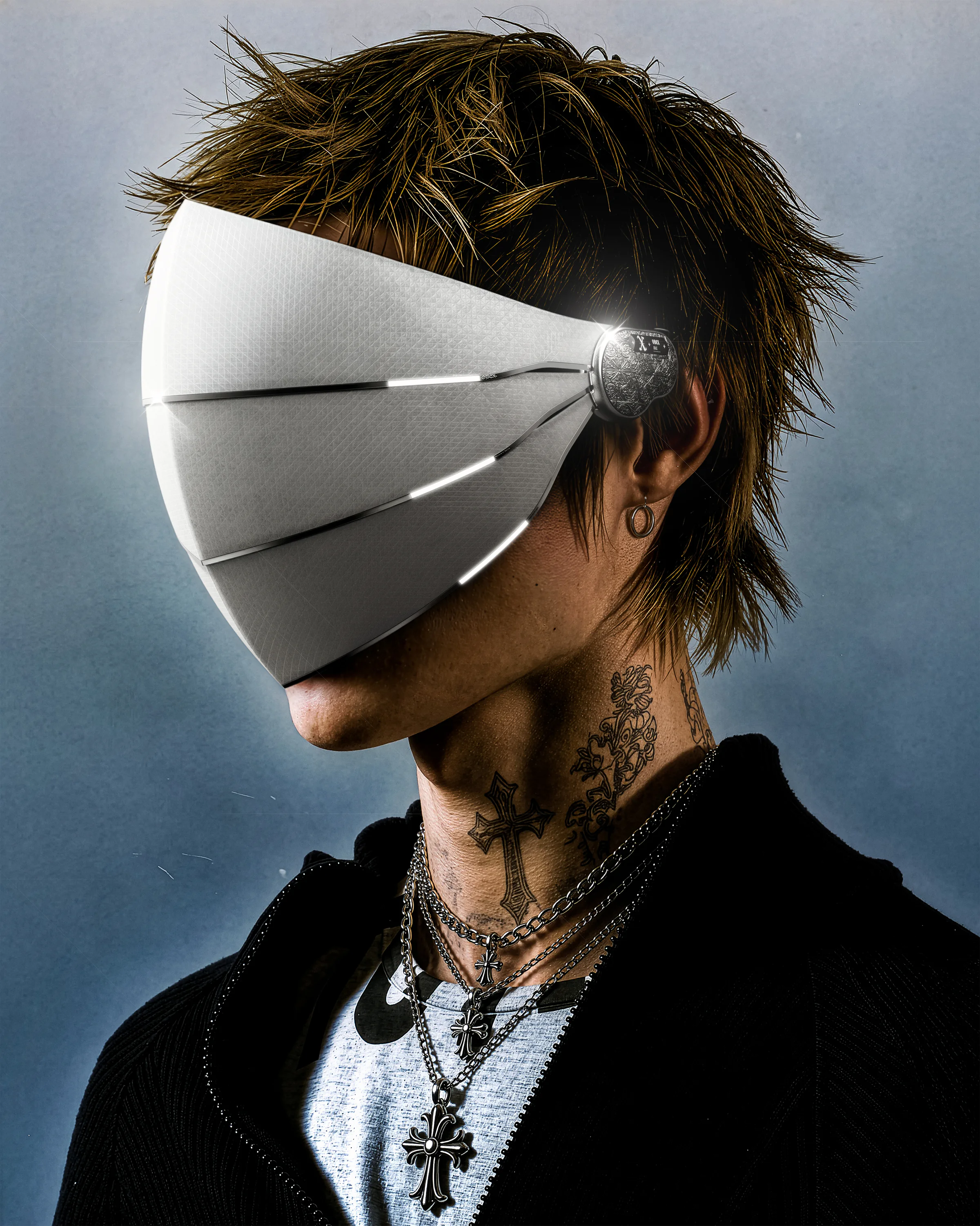 OBEX wearable interface worn with illuminated structural ribs and an ornamental temple module