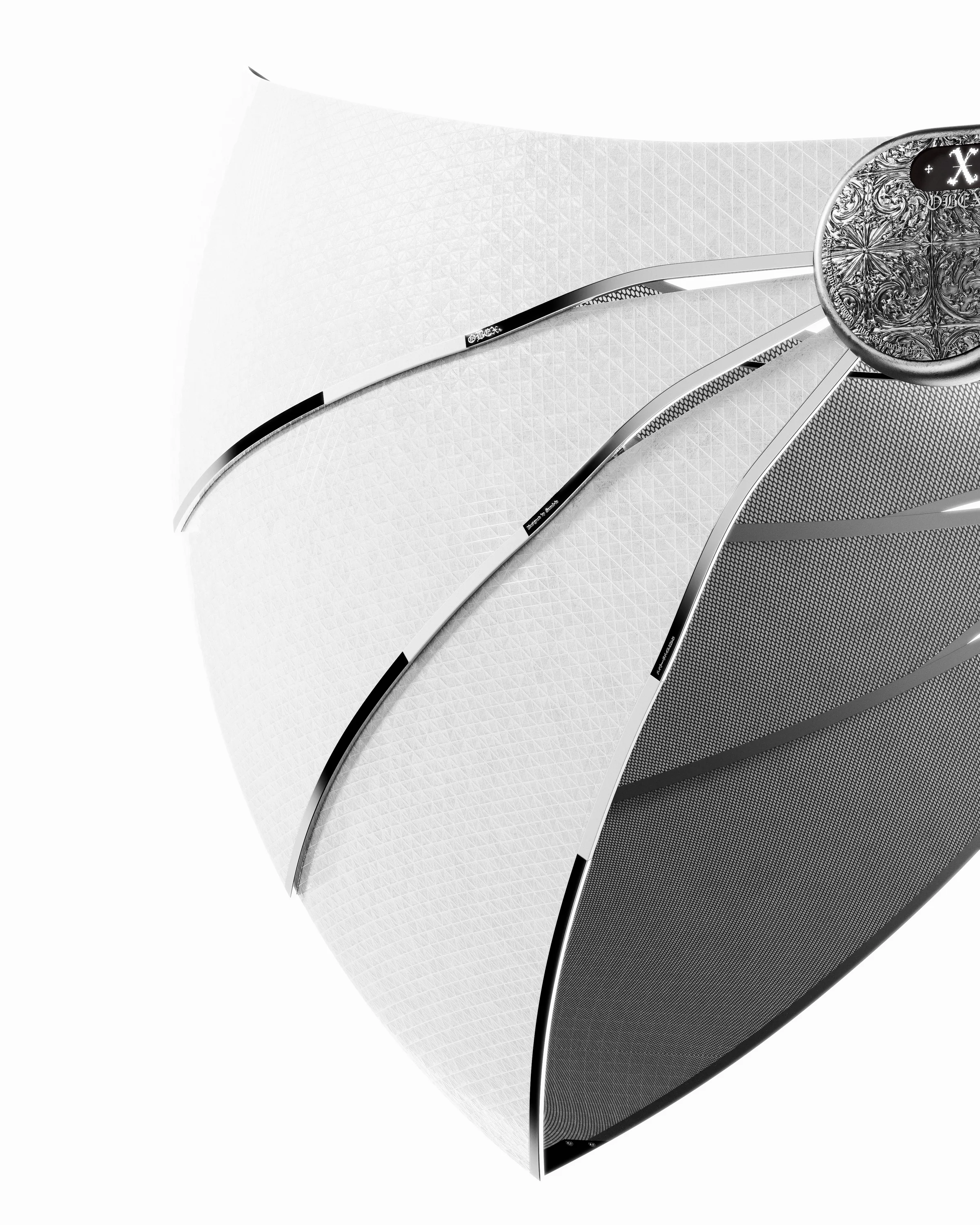 Close view of the OBEX textile layers, metal ribs and ornamental temple module