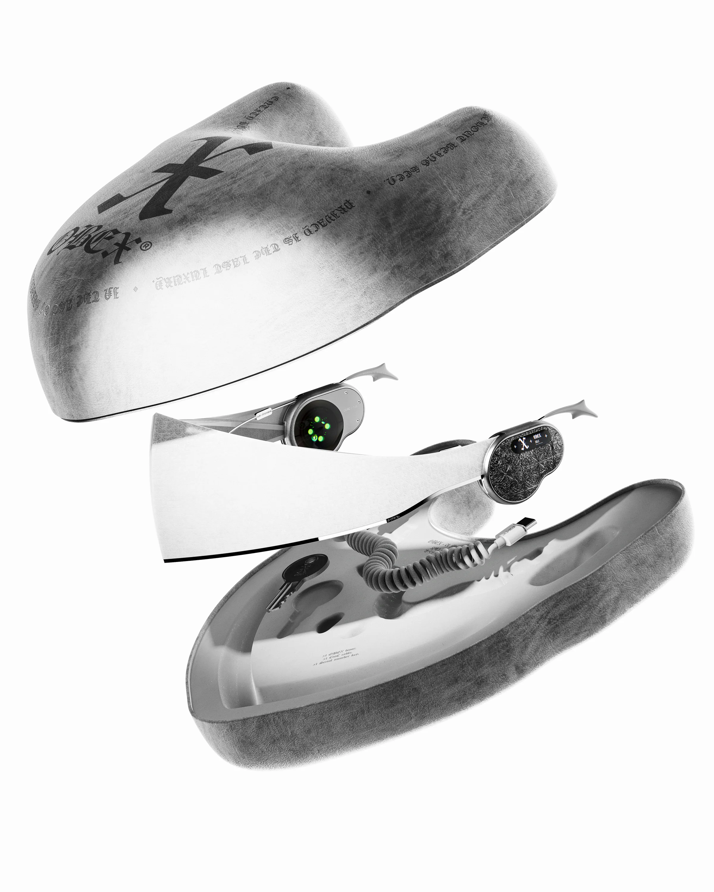 Exploded presentation of the OBEX wearable interface, protective case and accessories