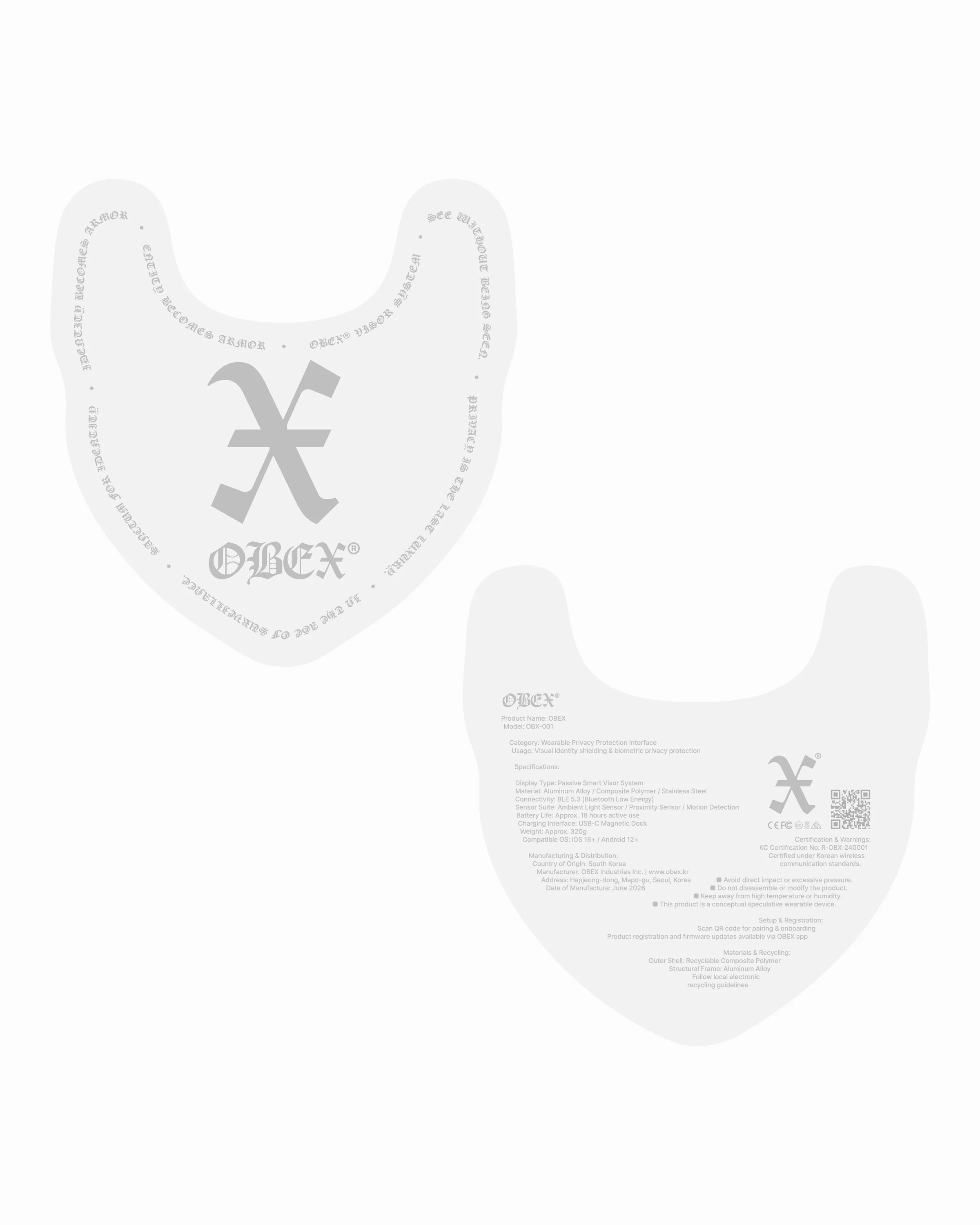 Front and rear OBEX package label graphics with branding and product specifications