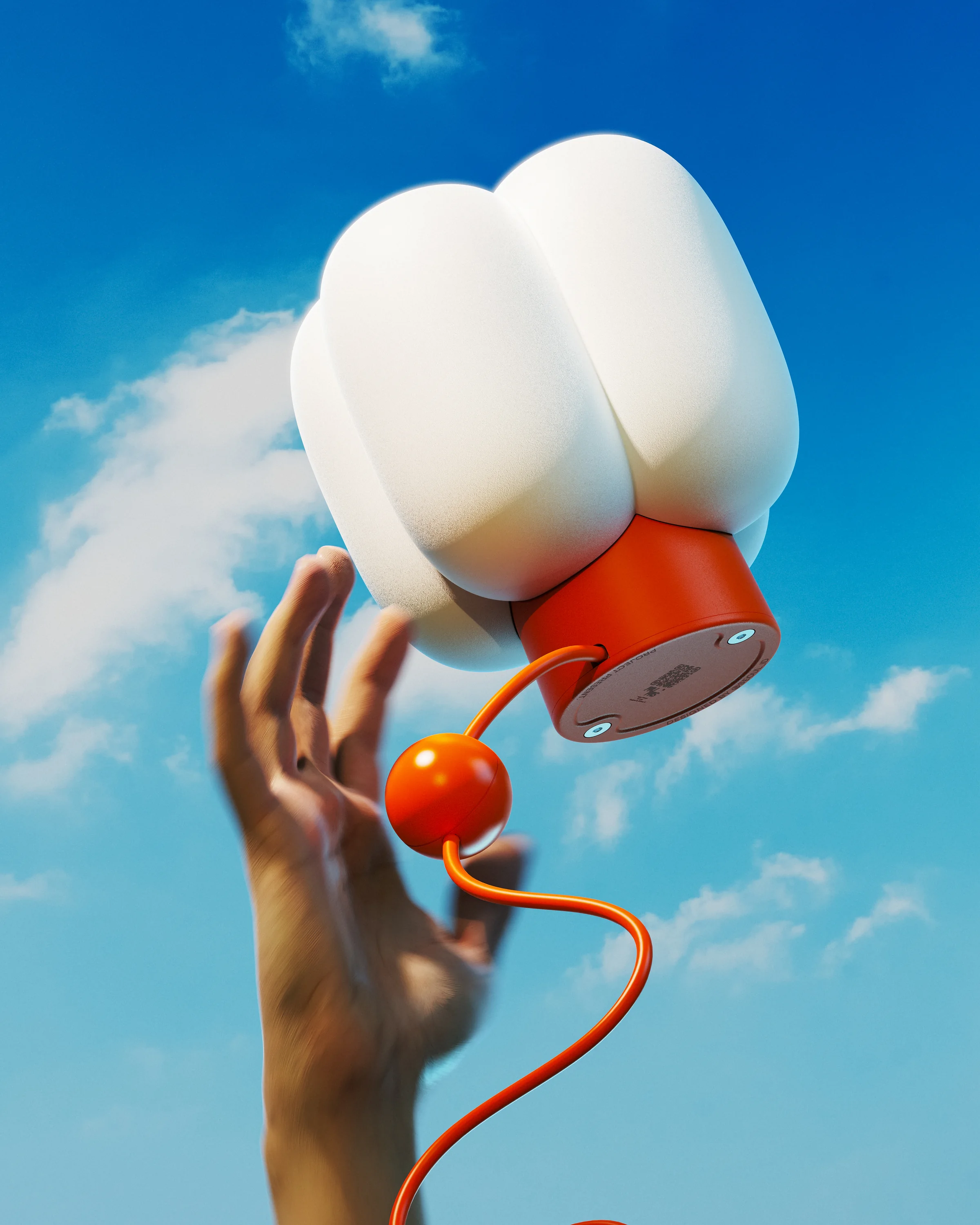 Project Present 2024 clustered white lamp with an orange base and weighted cable control against a blue sky