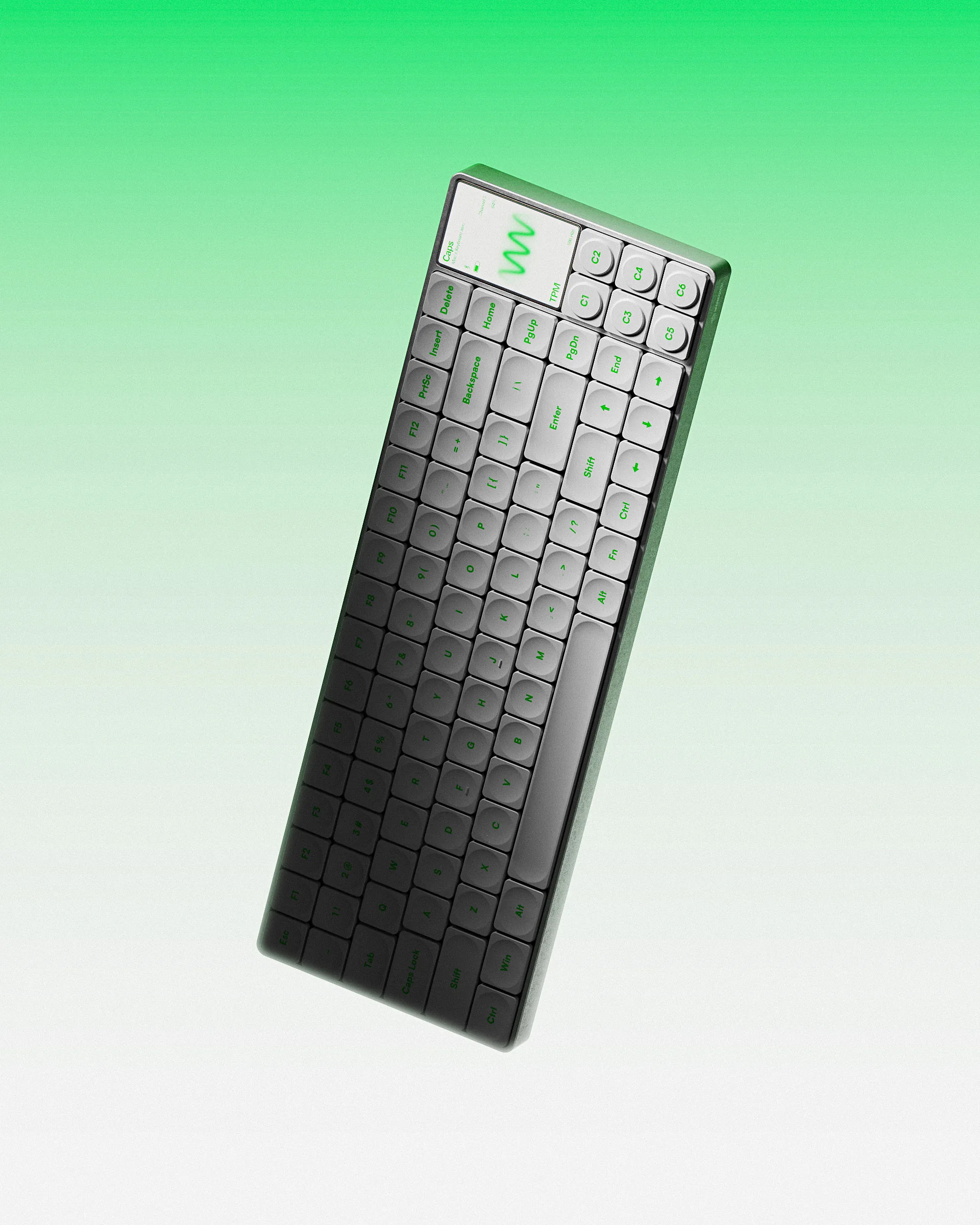 Zero mechanical keyboard floating against a green gradient background