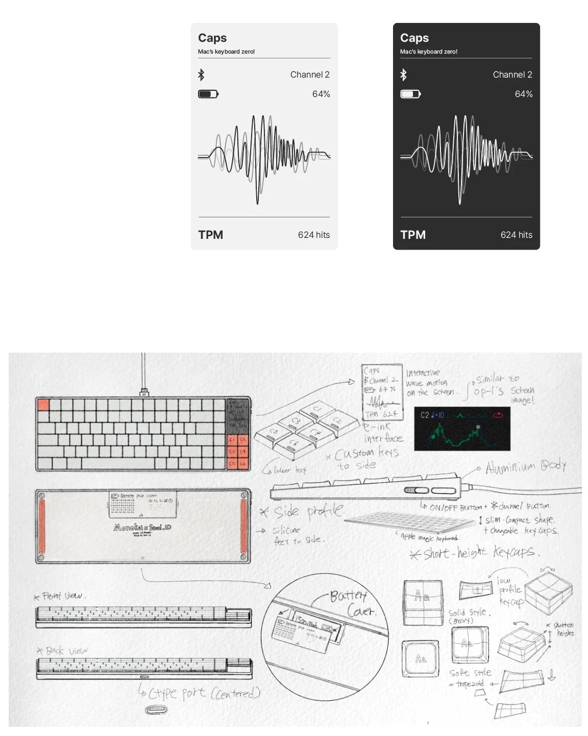 Zero concept sketch board exploring layout, screen interface, case profile and keycap forms